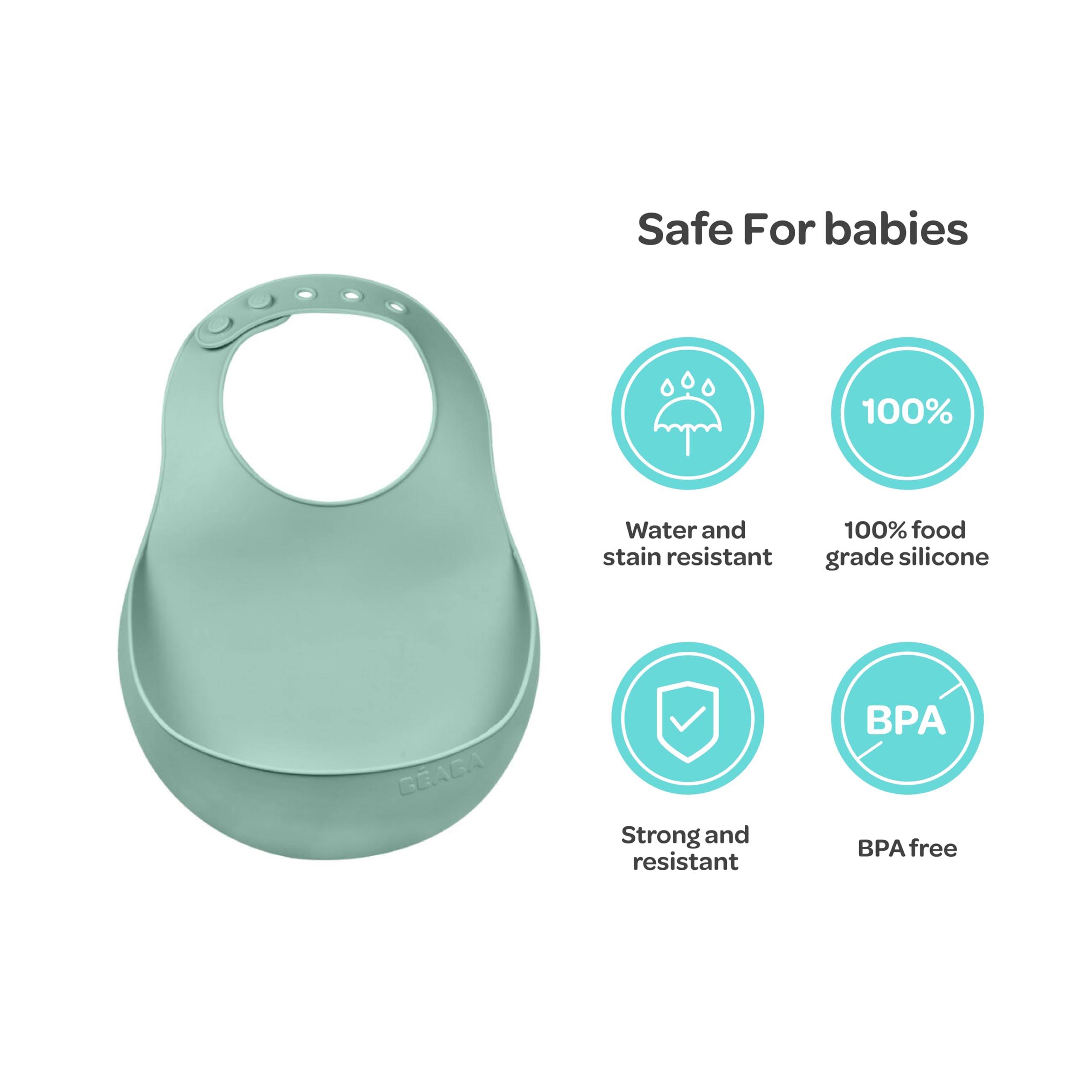 BÉABA Bavoir Bébé Silicone Imperméable Tour de cou ajustable Poche rattrape aliments Vert Sauge
