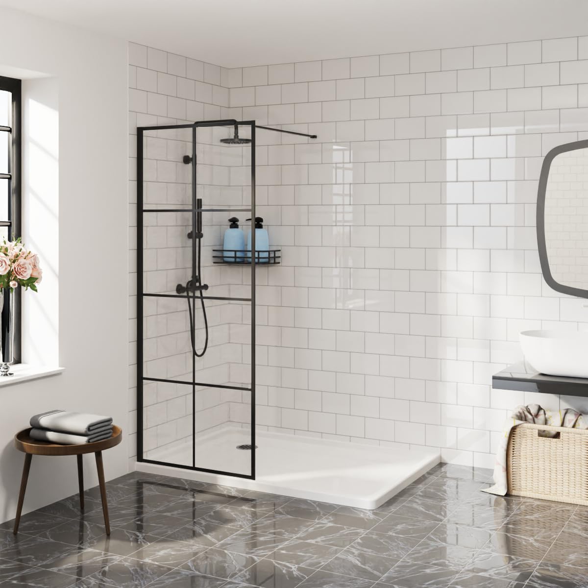 Aquariss Matte Black 800Mm Walkin Shower Enclosure 8Mm Easy Clean Black Grid Glass Shower Screen Panel - Framed Aluminium