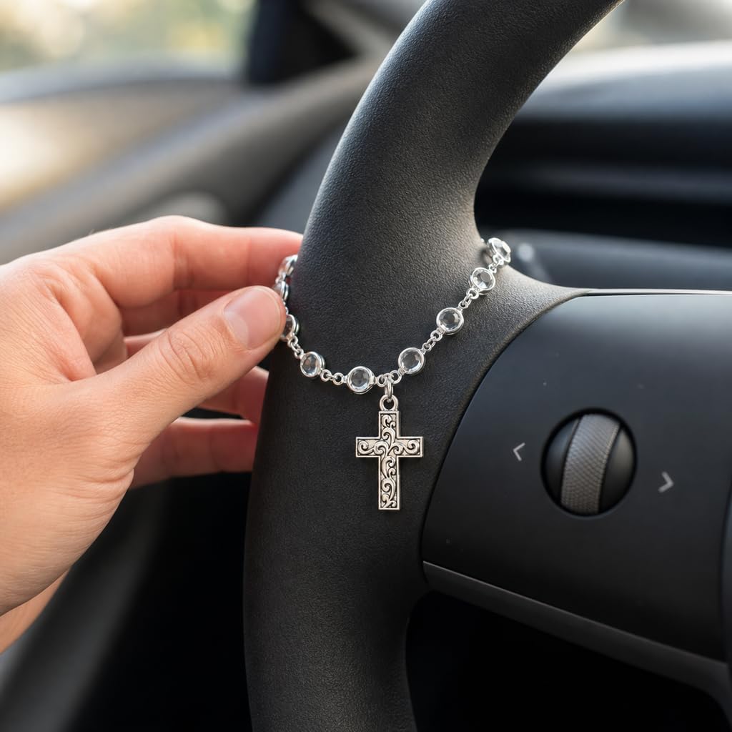 Car Steering Wheel Rosary Hanger, Cross Steering Wheel Pendant Chain, Vintage Car Additions Silver-Tone Clear Stone-Style Charm, 1 Piece Auto Interior Decor, Unique Keychain Accessory