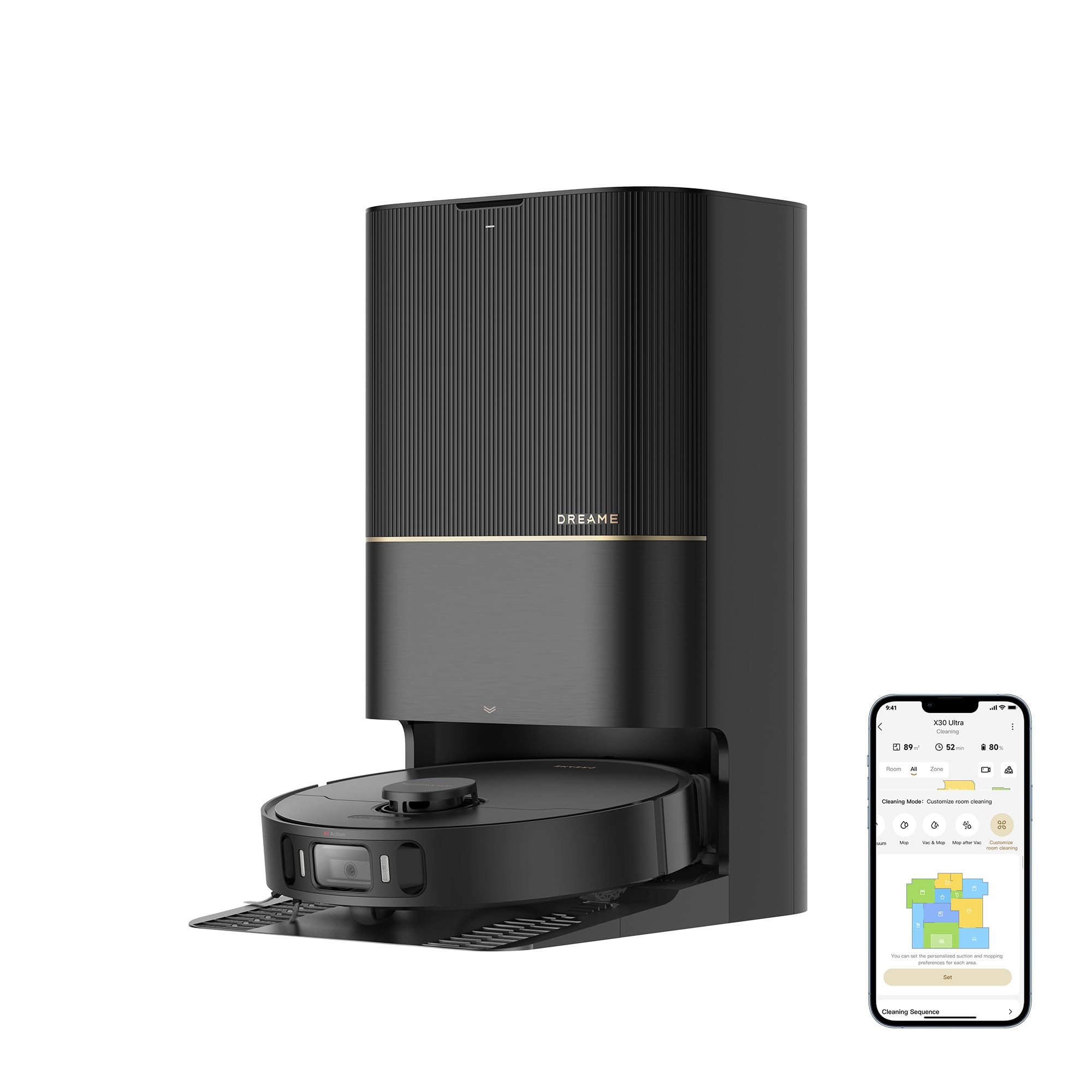 dreame X30 Ultra Robot Aspirapolvere Scopa Rimovibile e Sollevabile, Mocio rimovibile e sollevabile, pulizia intelligente dei tappeti, aspirazione da 8.300Pa, Auto-pulizia moci a 60 °C, Nero X30 Ultra Nero