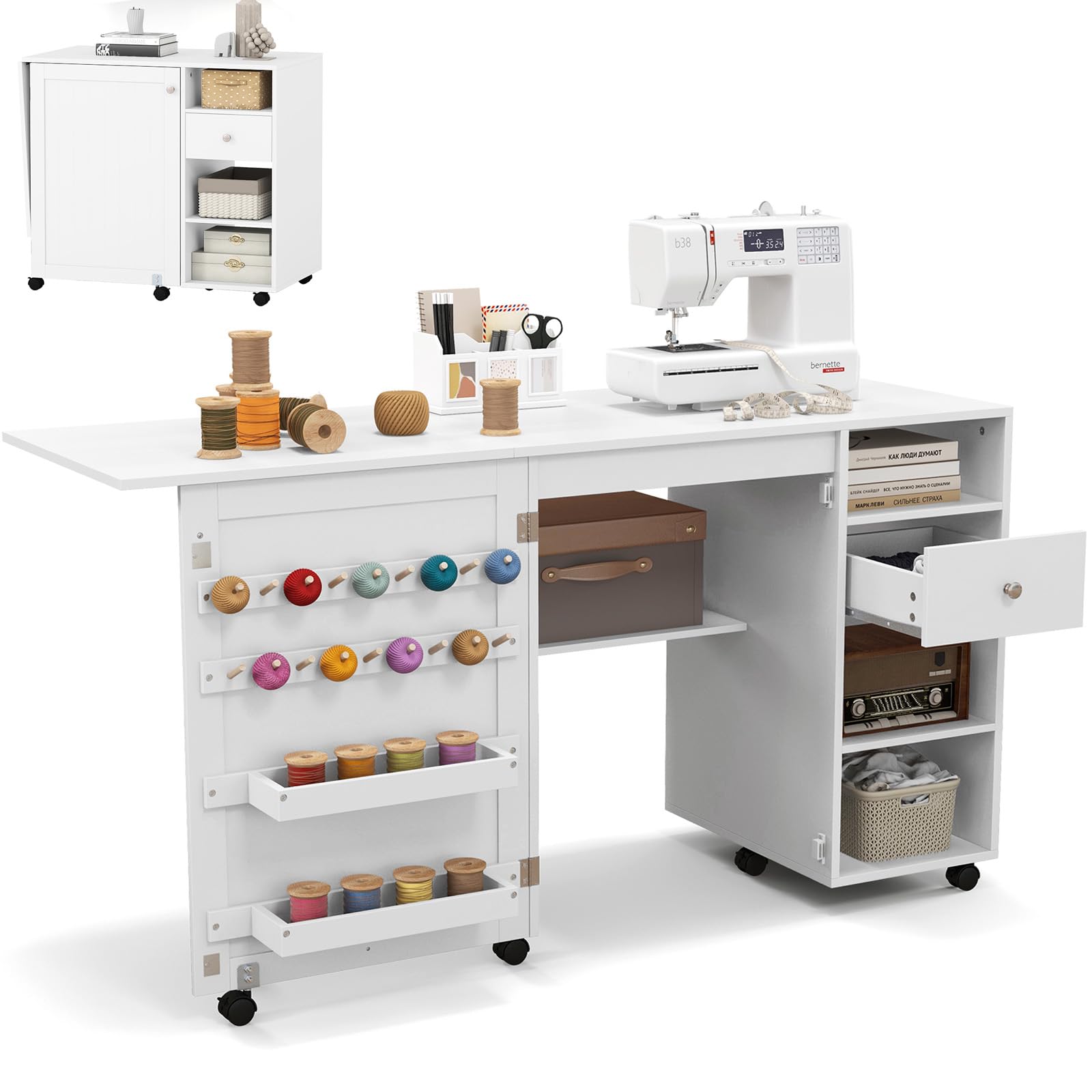 RELAX4LIFE Table de Couture Pliante - 18 Crochets, 2 Plateaux, 3 Compartiments, Tiroir, 4 roulettes Verrouillables, Table de Machine à Coudre en Bois, Meuble Couture Gain de Place pour Aiguilles Fils