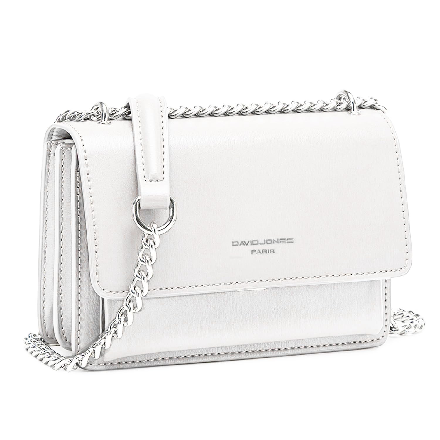 David Jones - Pequeño Bolso Bandolera Cadena Mujer - Bolsos de Hombro Cruzado Cuero PU - Mensajero Crossbody Bag - Bolso Mano Zip Embrague Clutch Pochette Noche Telefono - Blanco