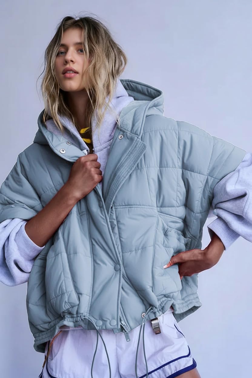 Women's Quilted Puffer Vest with Zip Up Hoodie Oversized Short Sleeves Jacket Casual Outdoor Gilet Outerwear - Image 6