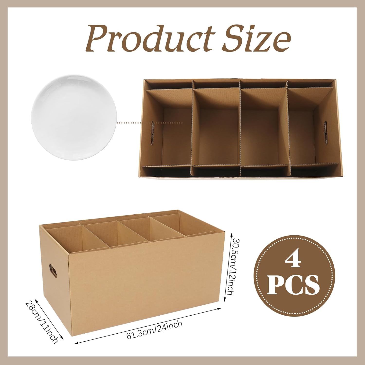 Fuyoooo 4 Pack Large Dish Packing Boxes for Moving with Divider 24 x 12 x 11 Inch Kitchen Moving Boxes with Reinforced Handle Lid Packing Supplies for Dishes and Glassware(Brown)