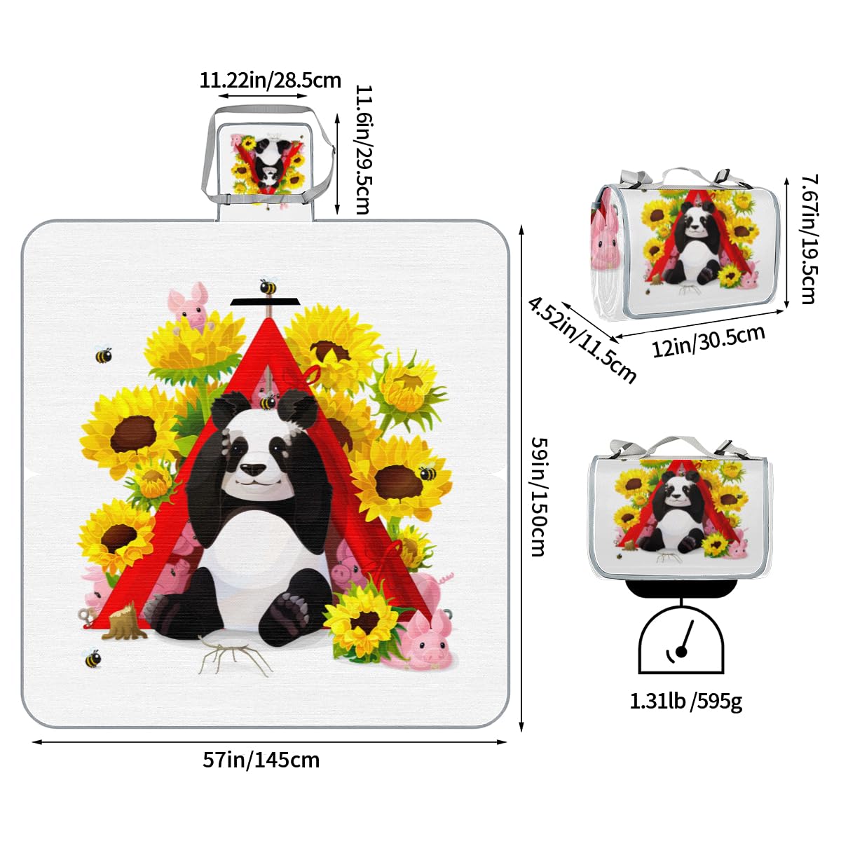 Picnic Blankets 57”x 59”, Flower Sunflower Panda Waterproof Sandproof Picnic Mat Lightweight Foldable Beach Blanket for Camping Park Grass Beach Outdoor Blanket
