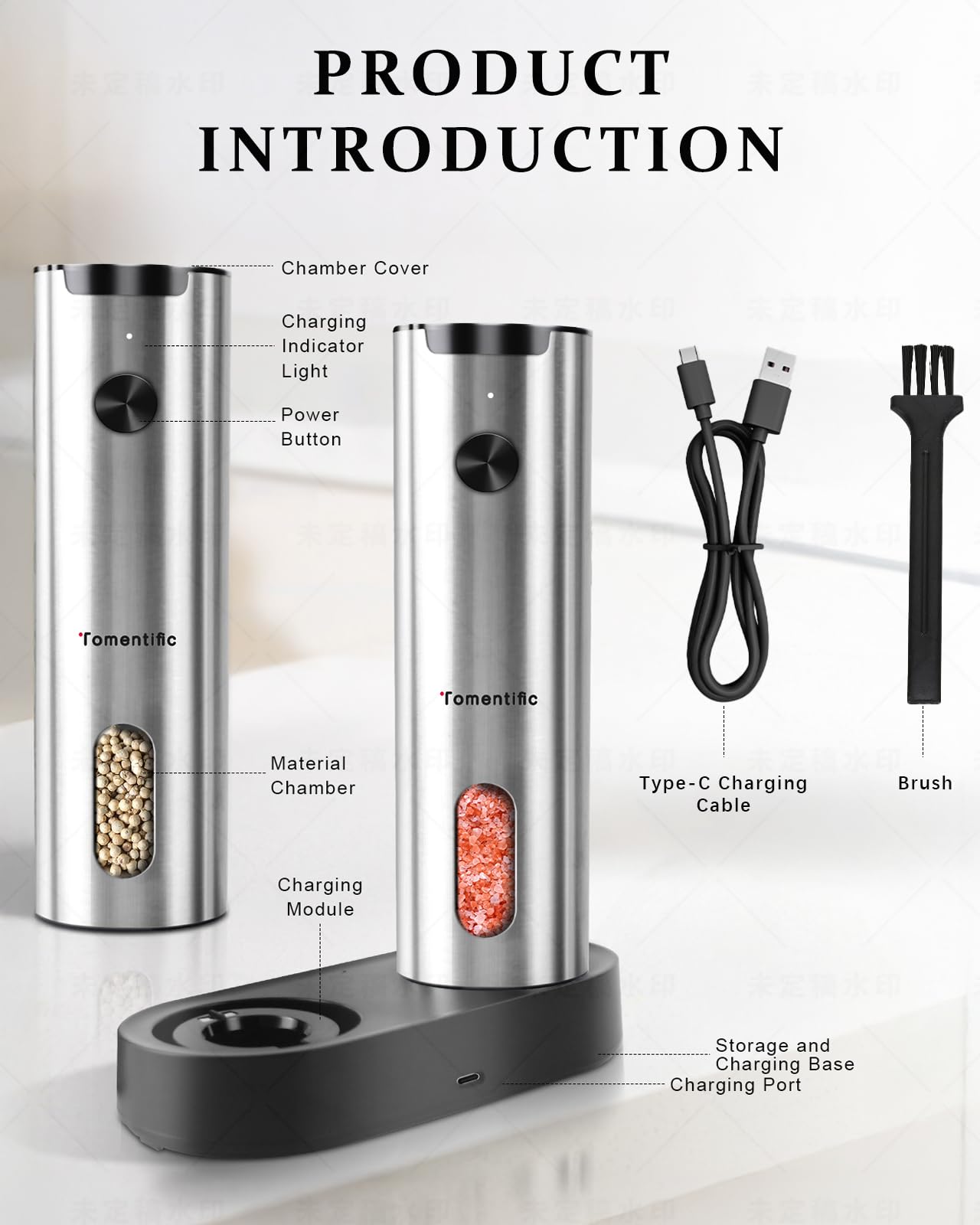 Set macina sale e pepe elettrico con base ricaricabile, grande capacità, set di macinapepe ricaricabile con luce LED e grana regolabile, ideale per cucina, all'aperto, barbecue e regali