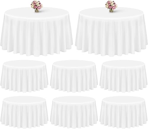 Miniatura 408 de Paquete de 8 manteles redondos blancos de 90 pulgadas, manteles redondos de poliéster lavables para mesa de tela decorativa resistente a