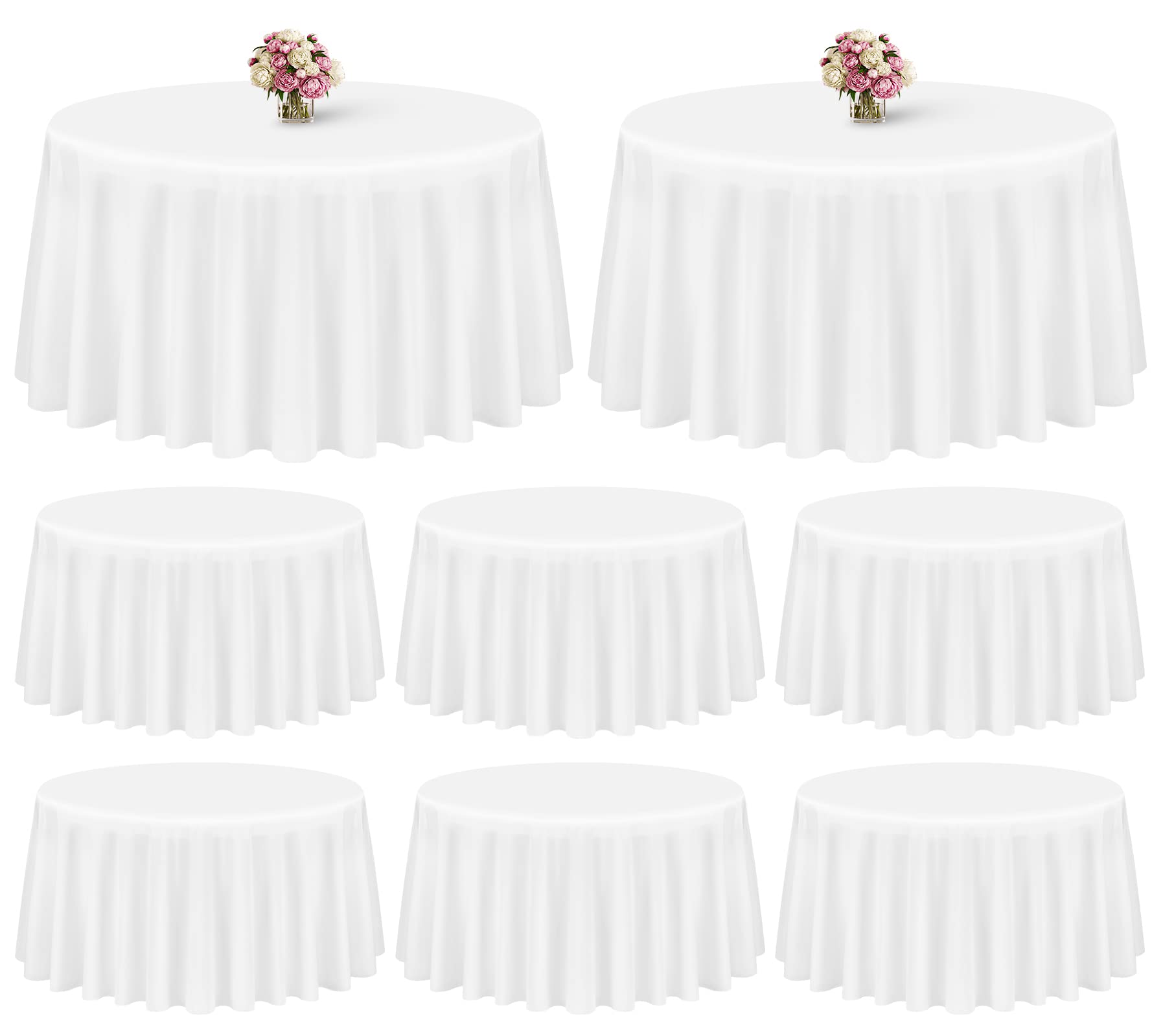 Showgeous 8 Pack White Round Tablecloth 120 Inch Polyester Table Cloth for Tables - Washable Decorative Fabric Covers for Wedding, Dining, Party, Banquet, Buffet