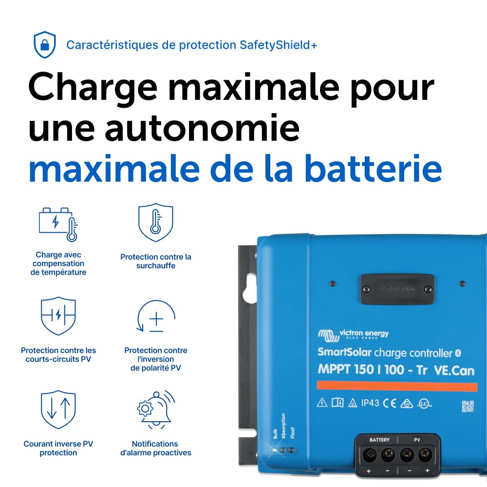 Victron Energy SmartSolar MPPT Tr VE.Can 150V 100 amp 12/24/36/48-Volt Contrôleur de Charge Solaire (Bluetooth)