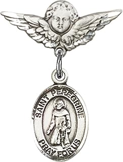 Sterling Silver Baby Badge with St. Peregrine Laziosi Charm and Angel w/Wings Badge Pin 7/8 X 3/4 inches