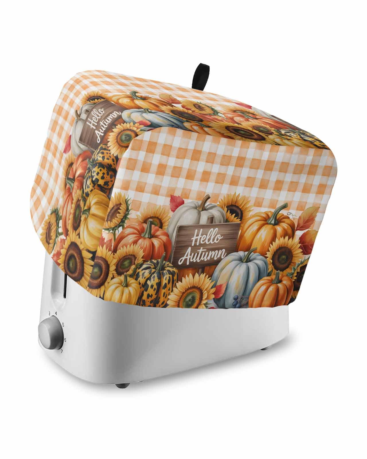 Fall Toaster Cover 4 Slice, Pumpkins Leaves Orange Checked Plaid Bread Maker Dust Cover with Pockets for Kitchen Small Appliance 12x11x8in