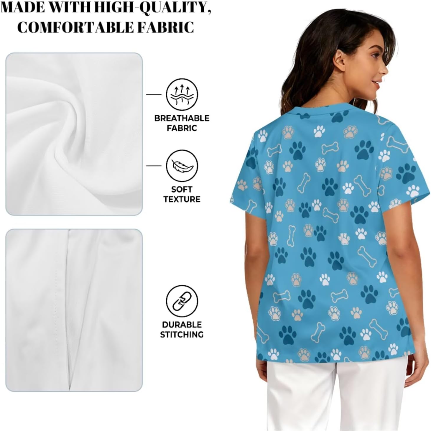 Printed Scrubs Set for Women Stretch V-Neck Scrub Tops with Pants, Pocket Medical Uniform for Nurse Doctor Work