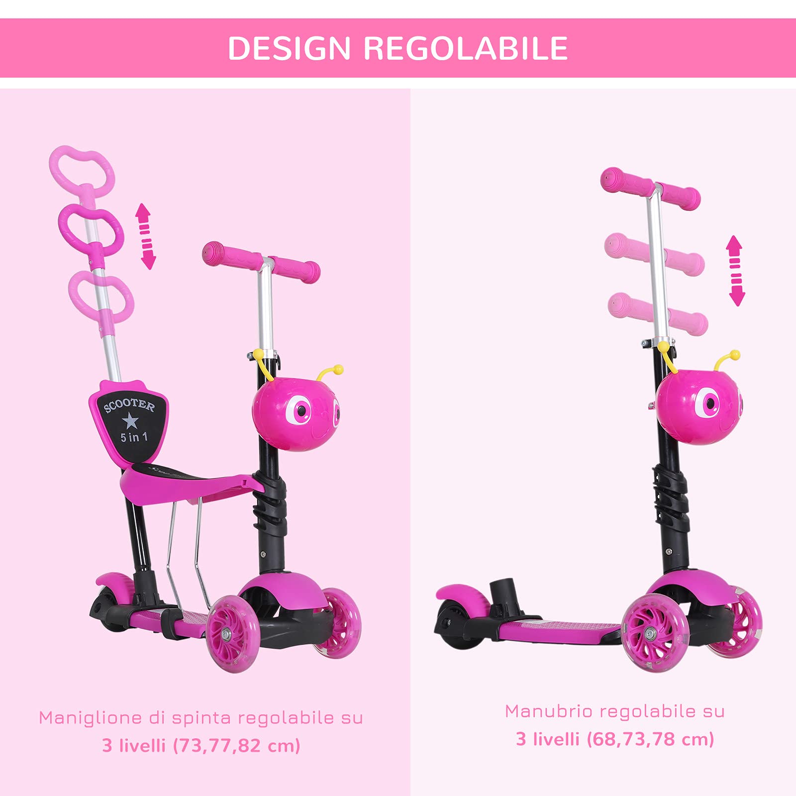HOMCOM Monopattino 3 Ruote per Bambini con Sedile e Maniglione, Manubrio con Altezza Regolabile, 62x25x72.5cm Rosa