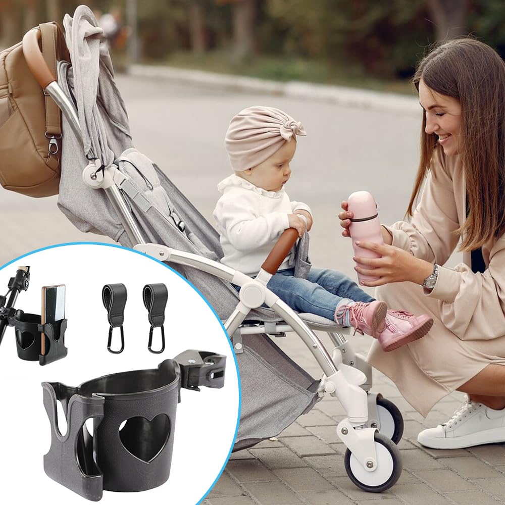 Getränkehalter Kinderwagen, Becherhalter Kinderwagen, 1 Kinderwagenbecherhalter mit 2 Kinderwagenhaken, 360 Grad Drehbarer Fahrradbecherhalter, Großkalibrig Gestalteter Becherhalter, Schwarz