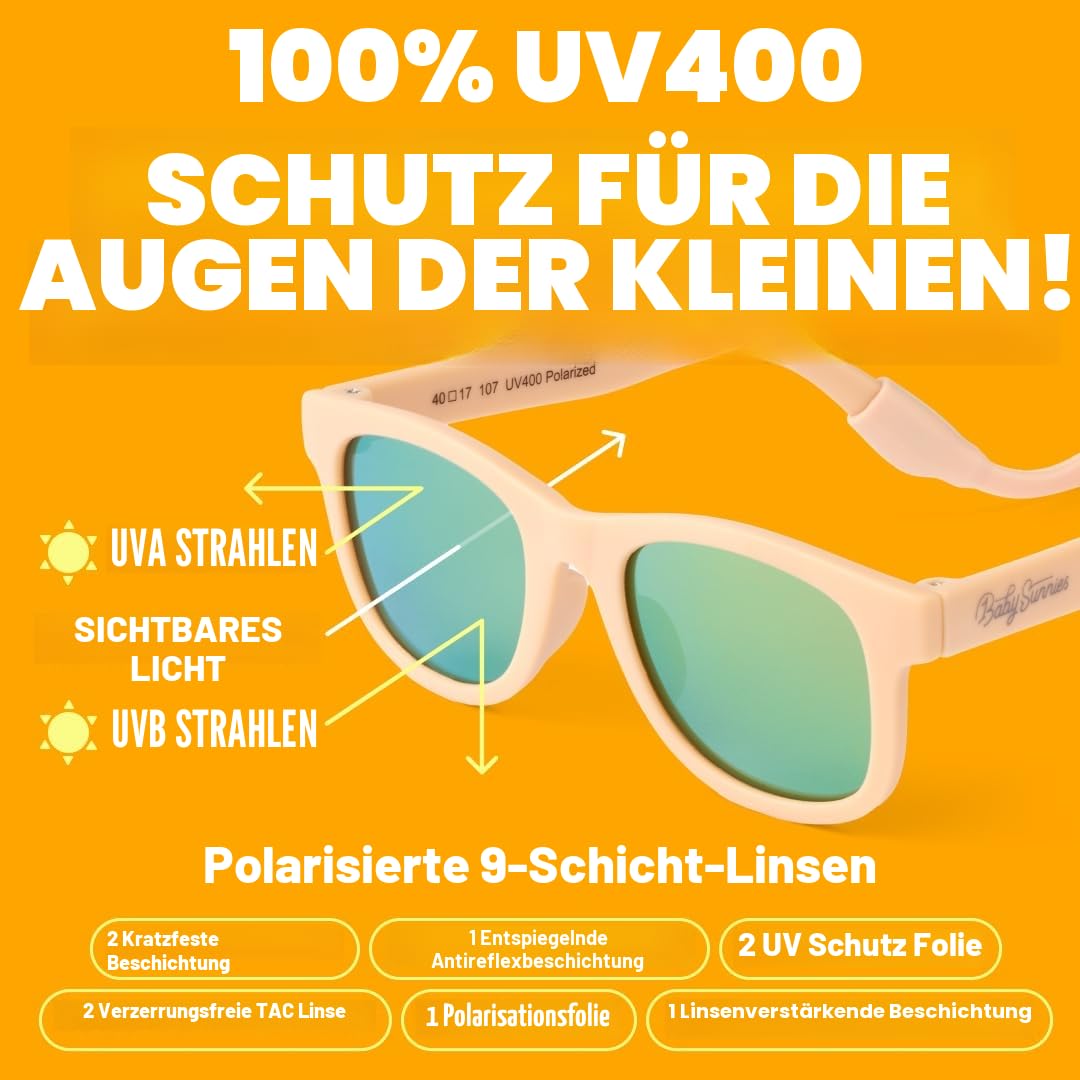BABY SUNNIES Polarisierte Baby Sonnenbrille mit Riemen - 0-24 Monate, UV Schutz, Bruchsicher - Kinder Sonnenbrillen BPA Frei