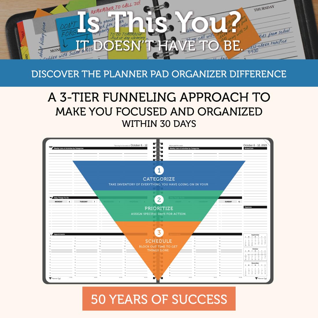 Planner Pad Organizador de 12 meses con embudo de 3 niveles encuadernado en espiral, octubre de 2025 a septiembre de 2026, cubierta negra/tinta negra, 8 1/2 x 11 pulgadas