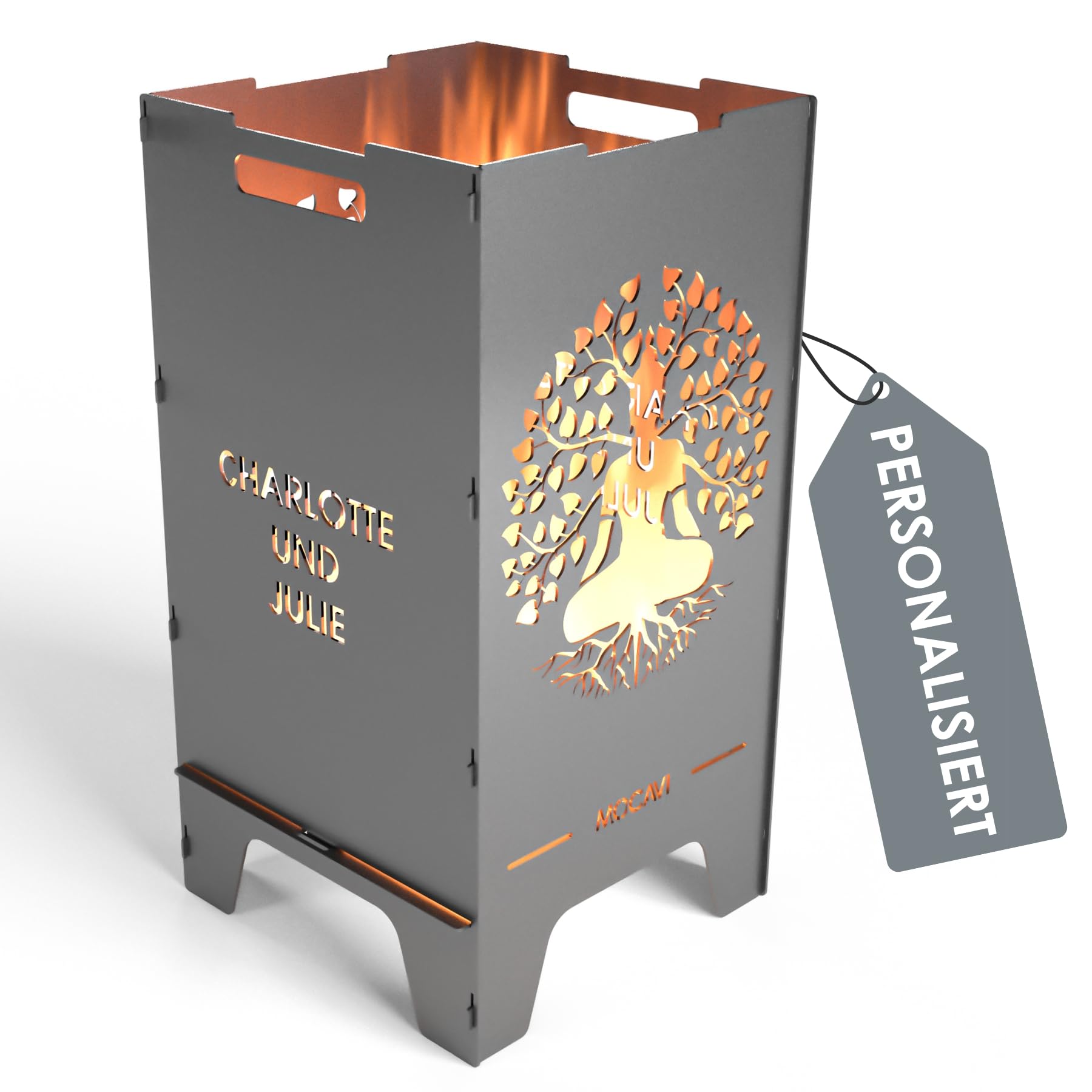 MOCAVI Feuertonne Lebensbaum 73 cm | 3 mm Stahl personalisiert Feuerkorb Feuerschale sicher massiv robust Design-Feuerfass für Garten und Terrasse groß eckig Feuerstelle Outdoor hitzefest außen