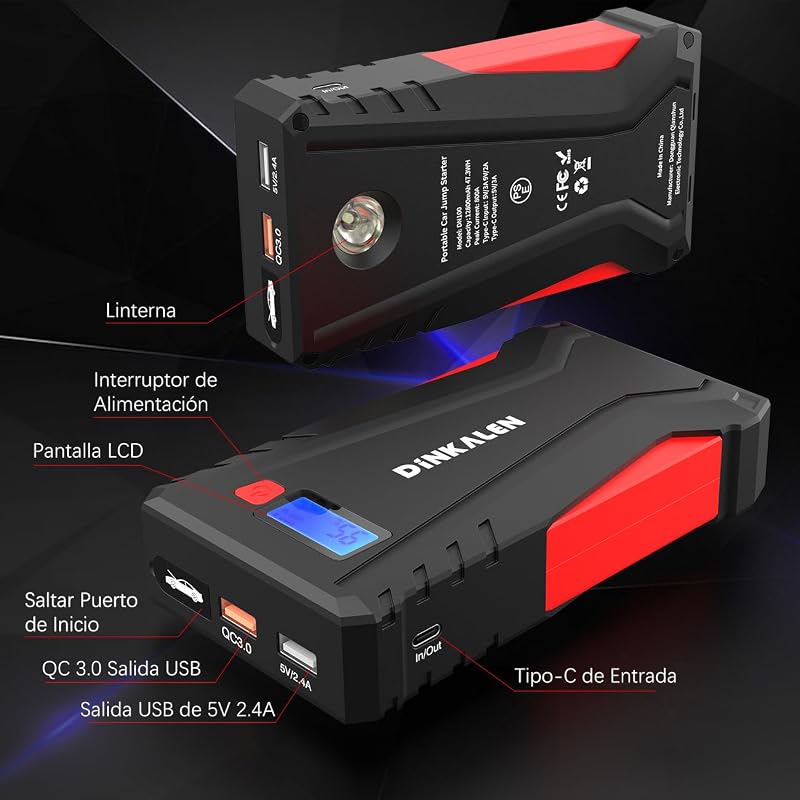 DINKALEN DN100 Hordozható Autós Bikázó 800A, Powerbank Funkcióval, 7.0L Benzin/5.5L Dízel Motorokhoz, LED Lámpával, Fekete-Piros