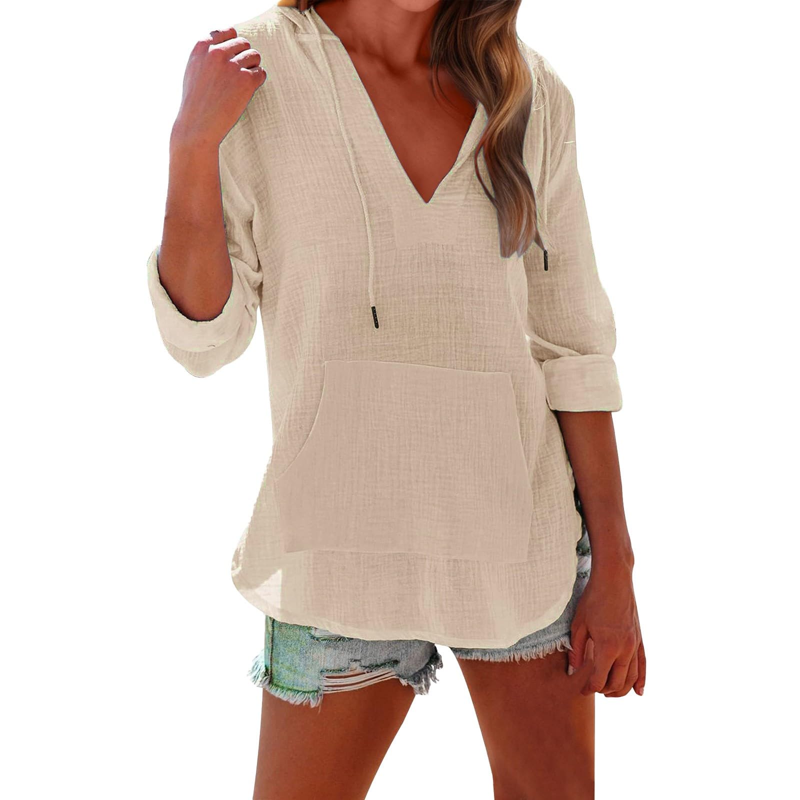 Swimsuit Coverup for Women Beach Vacation Clothes Gauze Casual Bathing Suit Tops Linen Long Sleeve Shirts with Pocket