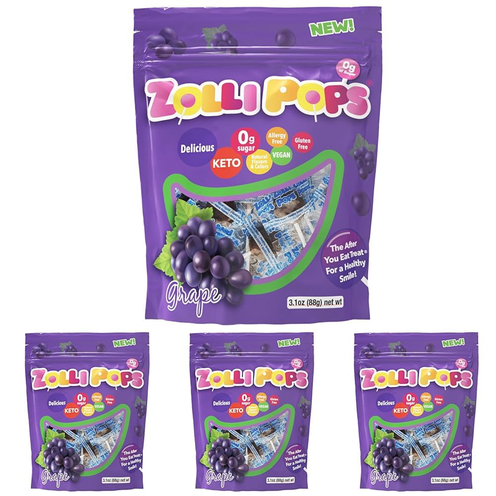 Zollipops Clean Teeth Lollipops | Anti-Cavity, Sugar-Free Candy Grape- Ideal for Kids, Diabetics, and Keto Diet - Tasty and Dental-Friendly, 3.1 oz. (Pack of 4)