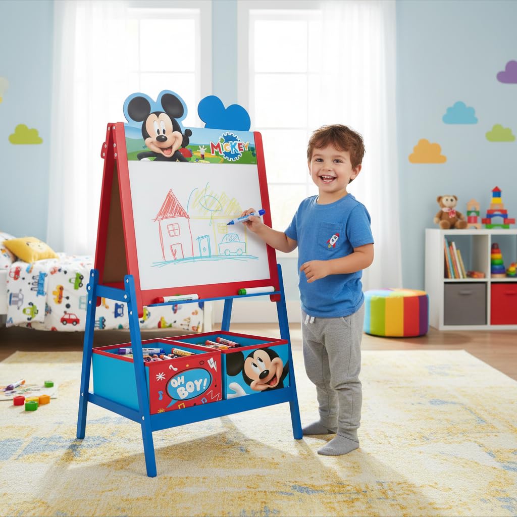 ARDITEX - Pizarra infantil de Disney Mickey Mouse con doble superficie para uso de tiza y rotulador y 2 contenedores textiles para almacenaje - 54x45x117cm - Contenedores de 24x30x15cm - Color rojo