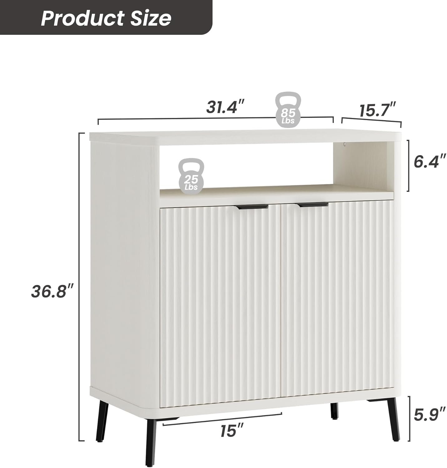 Fatmok Fluted Buffet Cabinet with Storage, 31.4" Wide Wood Sideboard Credenza with 2 Doors & Open Storage Shelf, Modern Coffee Bar Table for Living Room Kitchen Dining Room,White