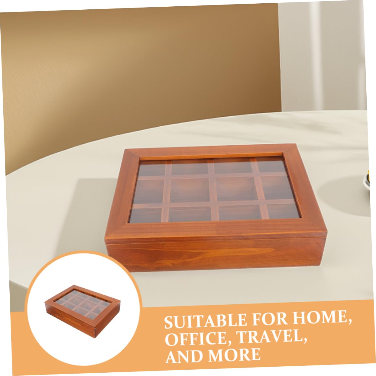 UKCOCO Boîte à Thé Organiseur Polyvalent Grosse Capacité avec 12 Compartiments en Bois avec Couvercle Transparent pour Sachets de Thé et Sucre, pour Maison et Bureau