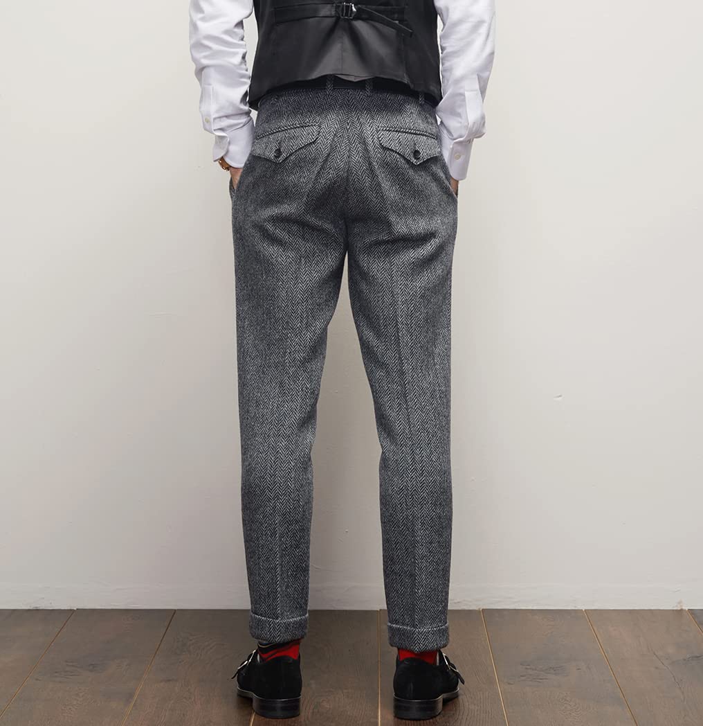 Pantalones de traje de vestir retro para hombre, pantalones de lana de tweed con frente plano en espiga