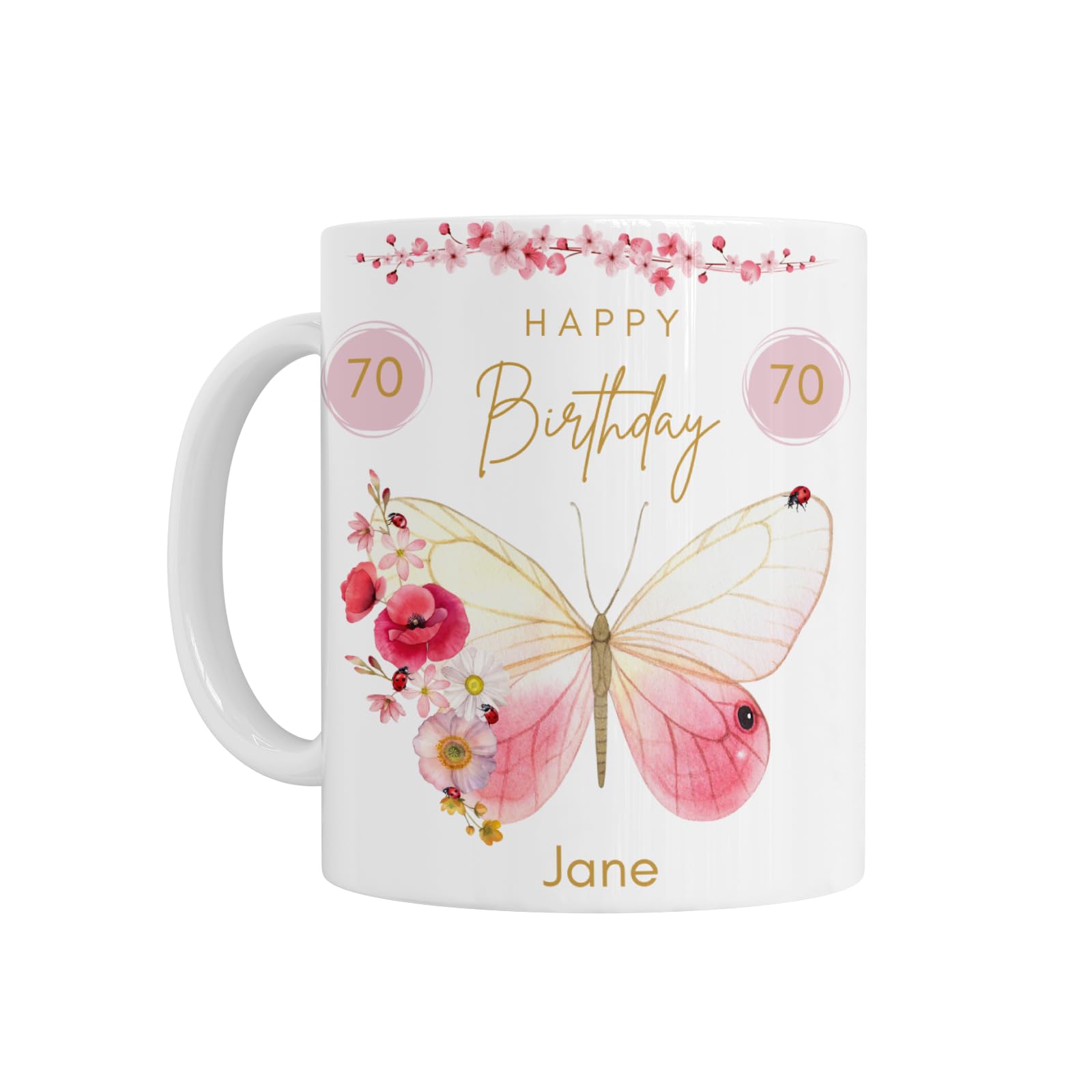 70th Birthday Gift for Her - Personalised Ceramic Mug with Age 70 Birthday Pink Butterfly Design, Custom Printed Gift for 40th 50th 60th 70th 80th