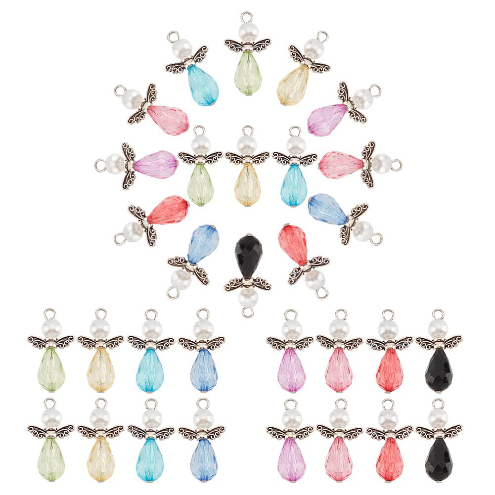 PH PandaHall 32pcs Angel Charms 8 Colors Tibetan Angel Wing Pendants Pearl Bead Charms Jewellery Alloy Craft Beads with Acrylic Beads for Jewellery Necklace Earring Making Gift Decor, 0.98" Long