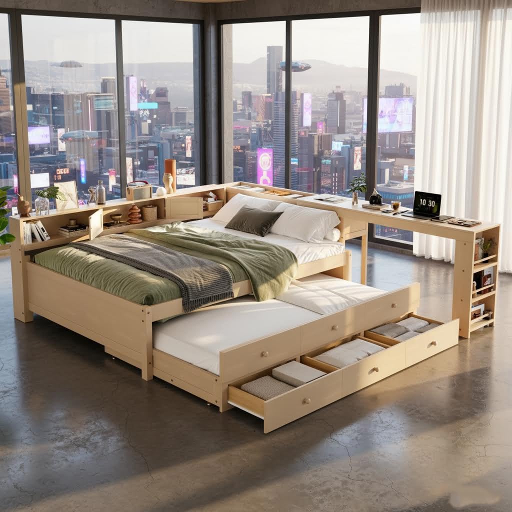 Twin Size Daybed Bed with Drawers and Shelves, Wood Corner Bed with Bookcase and Desk, Twin Daybed Frame with Desk for Kids Teens Adults, White