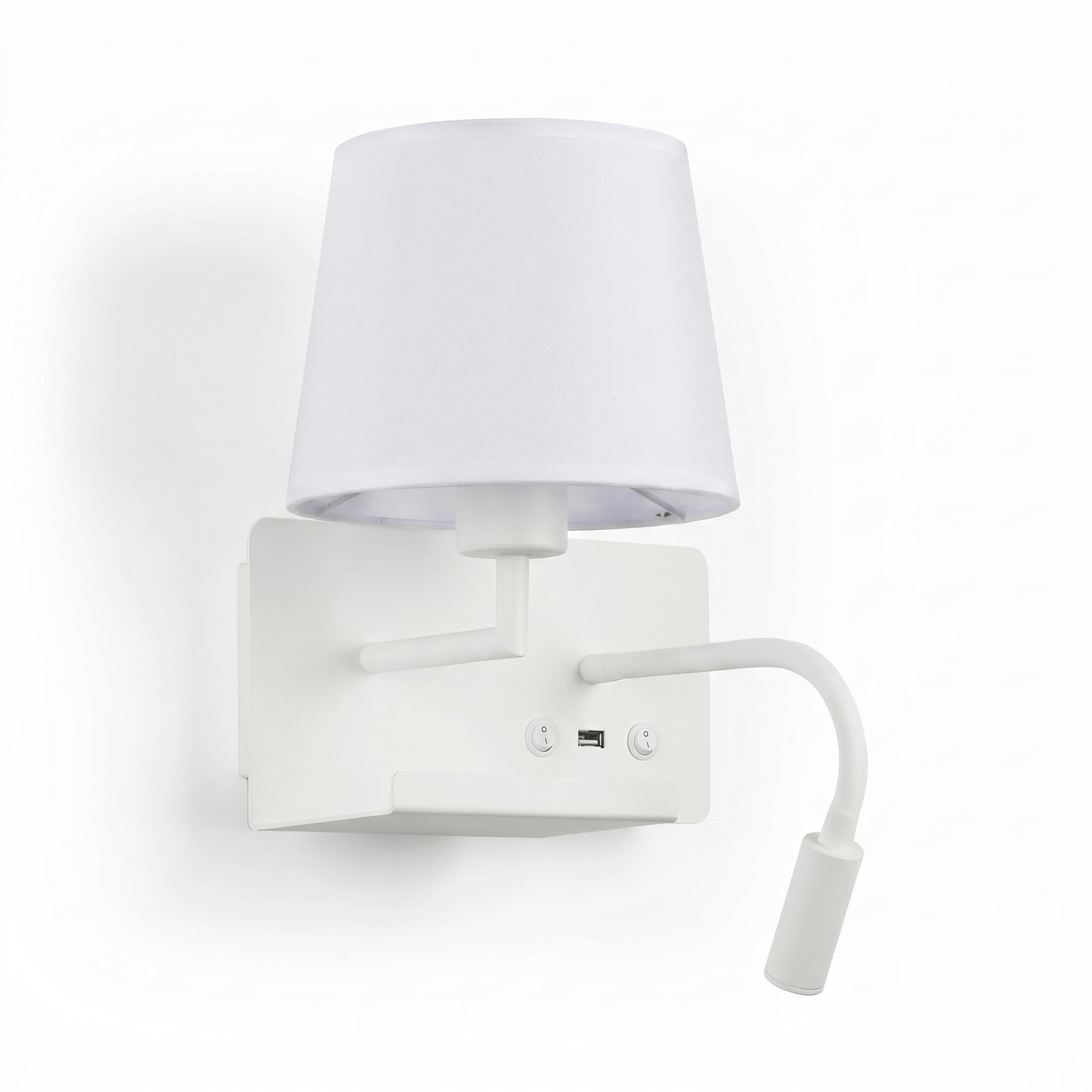 BARCELONA LED Wandleuchte mit USB-Anschluss und Ablage, Leselampe für Bettkopfteil mit E27-Fassung, schwenkbare LED-Leseleuchte 3W 2700K, Stoffschirm für Schlafzimmer, Hotelzimmer, Weiß