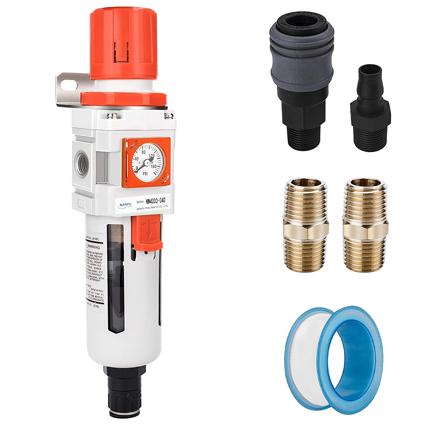 NANPU 1/2" NPT Embedded Gauge Compressed Air Filter/Regulator Piggyback Combo, Auto Drain, 5 Micron Brass Element, Poly Bowl, Metal Bracket