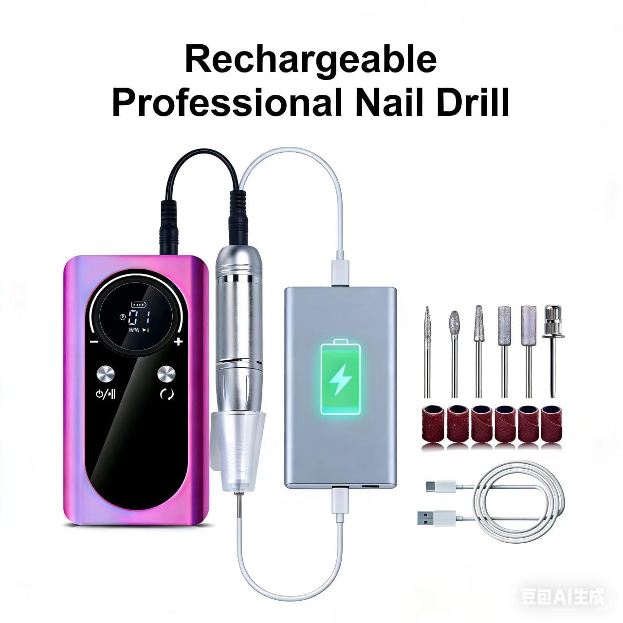 mcdhhemoProfessional Purple Electric Nail Drill Machine, Cordless Rechargeable Efile Nail Drill for Acrylic Nails, Portable Manicure Pedicure Kit, Electric Nail File Grinder Set for Salon Home Use