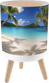 VETEB Trash Can with Lid Palm Trees Tropical Beach Virgin Islands Small Garbage Can with Legs Waste Bin Press-Top Lid Wastebasket for Kitchen Bathroom Living Room 7L/1.8 Gallon