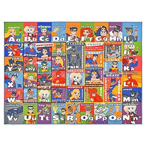 KC Cubs DC Super Hero Rug - ABC Alphabet - Traits & Emotions Playrug - Educational & Learning Carpets - Children’s Play - Rectangular Kids Play Carpet - Toddlers 2 & Up - Playroom, Classroom, Bedroom Cover