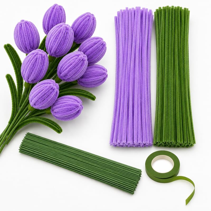Bolt Bee 200 PCS Chenille Pipe Cleaners Craft Kit with Green Floral Tape & Stem Wire | DIY Craft Supplies for Flower Making, Kids Art, Decorations & Modeling (Olive Green & Lite Purple)-image-11