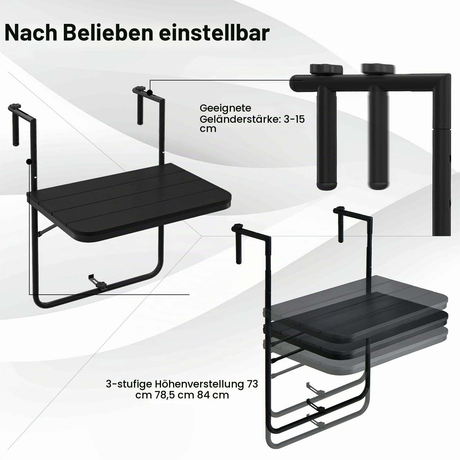 GIANTEX Balkontisch klappbar hängend, Hängetisch Klapptisch Balkon zum Einhängen, Balkonhängetisch in 3 Stufen höhenverstellbar, Gartentisch wetterfest, Hängetisch klein Outdoor-Tisch (Anthrazit)