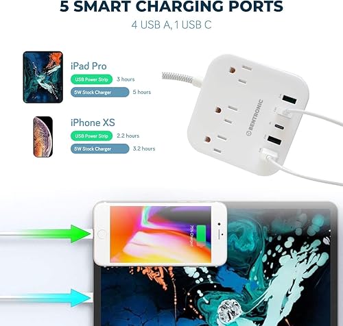 Miniatura 5 de Regleta de alimentación con USB C, 5 puertos USB (25 W5 A), obturador seguro, estación de carga rápida de escritorio, cable de extensión trenzado de