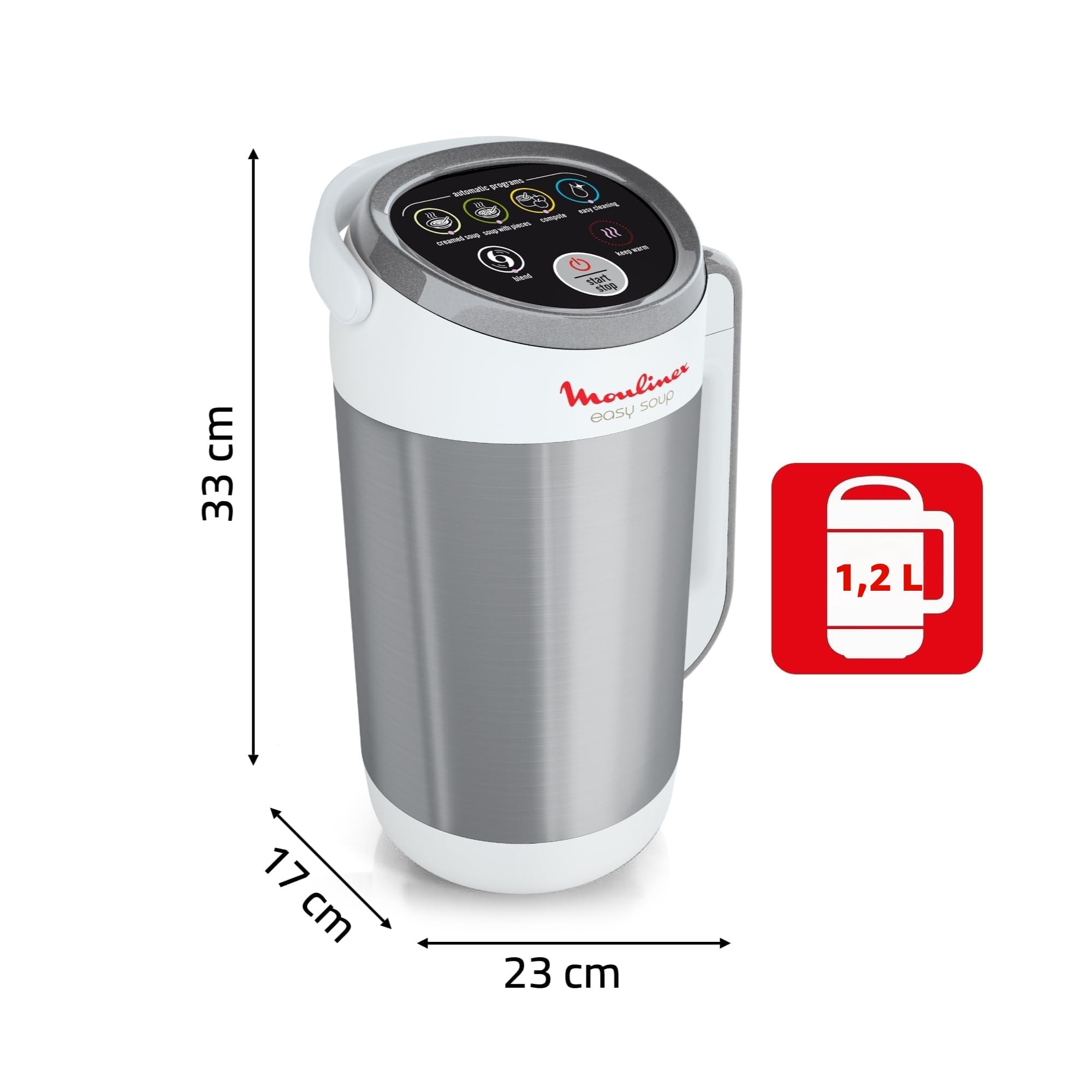 Moulinex Blender chauffant, 1000 W, Capacité 1.2 L, 5 programmes automatiques, Double paroi, Soupe, Velouté, Compote, Smoothie, Maintien au Chaud, Easy Soup silver LM841110