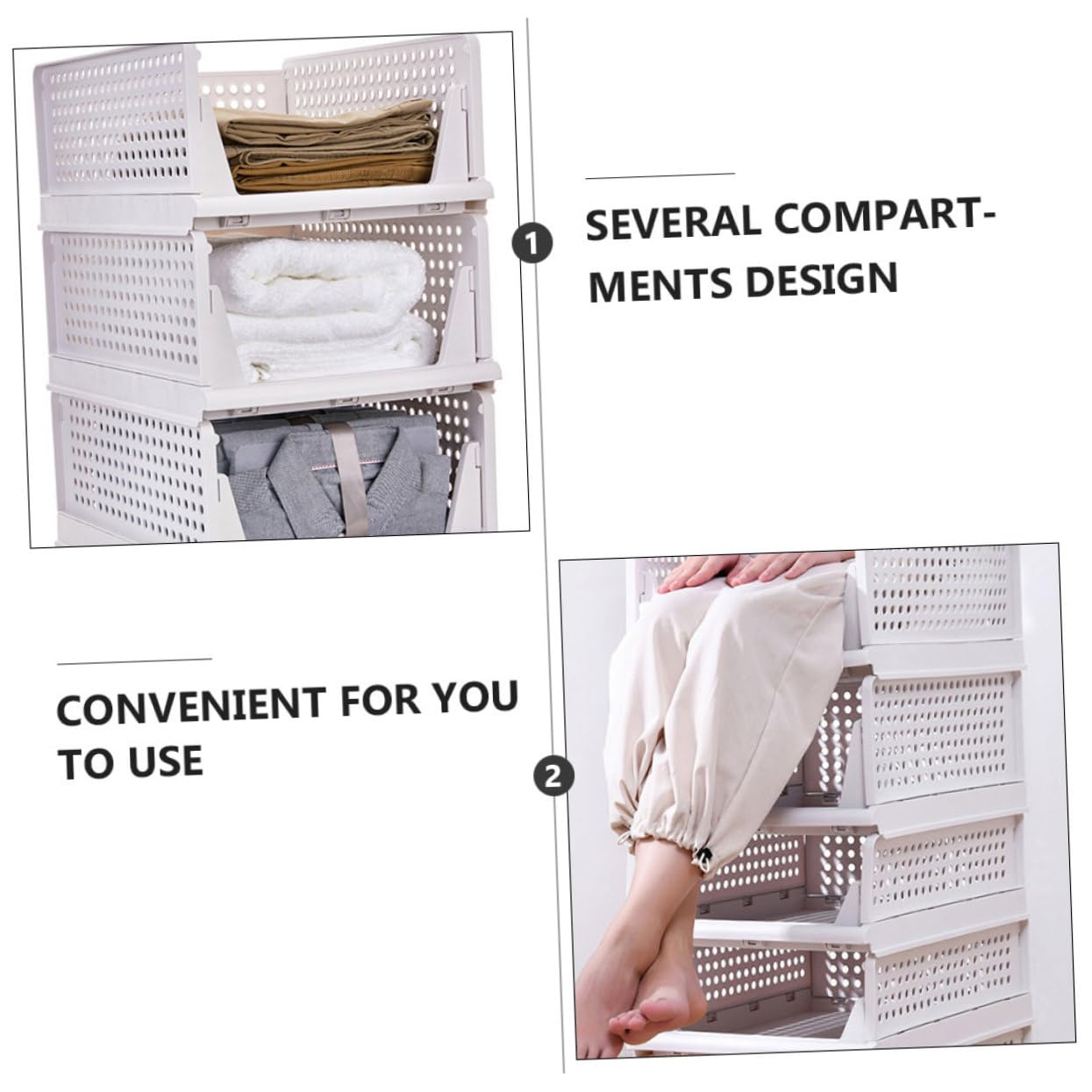 TEHAUX Organisateur Tiroir en Plastique Blanc 2pcs Plusieurs Compartiments et Design Coulissant pour Rangement Vêtements Empilable et Ventilé