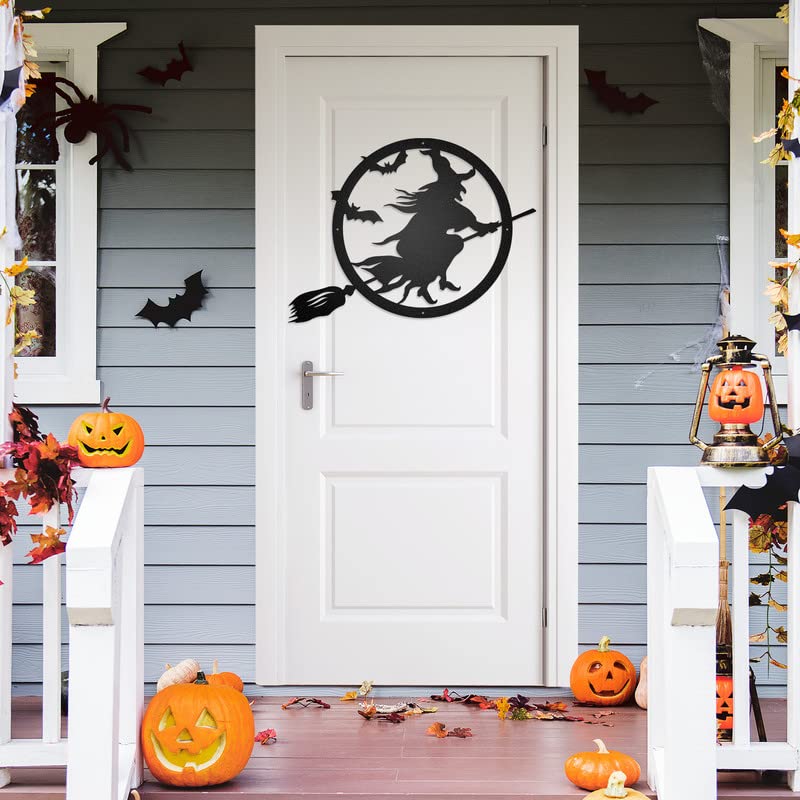 RealSteel Witch Halloween Decoration - Metal Broom Riding Décor - Scary Indoor Outdoor Wall Sign for Haunted Houses - Wicked Witch Flying Porch Art - Flying Bats Front Door Art (12, Black)