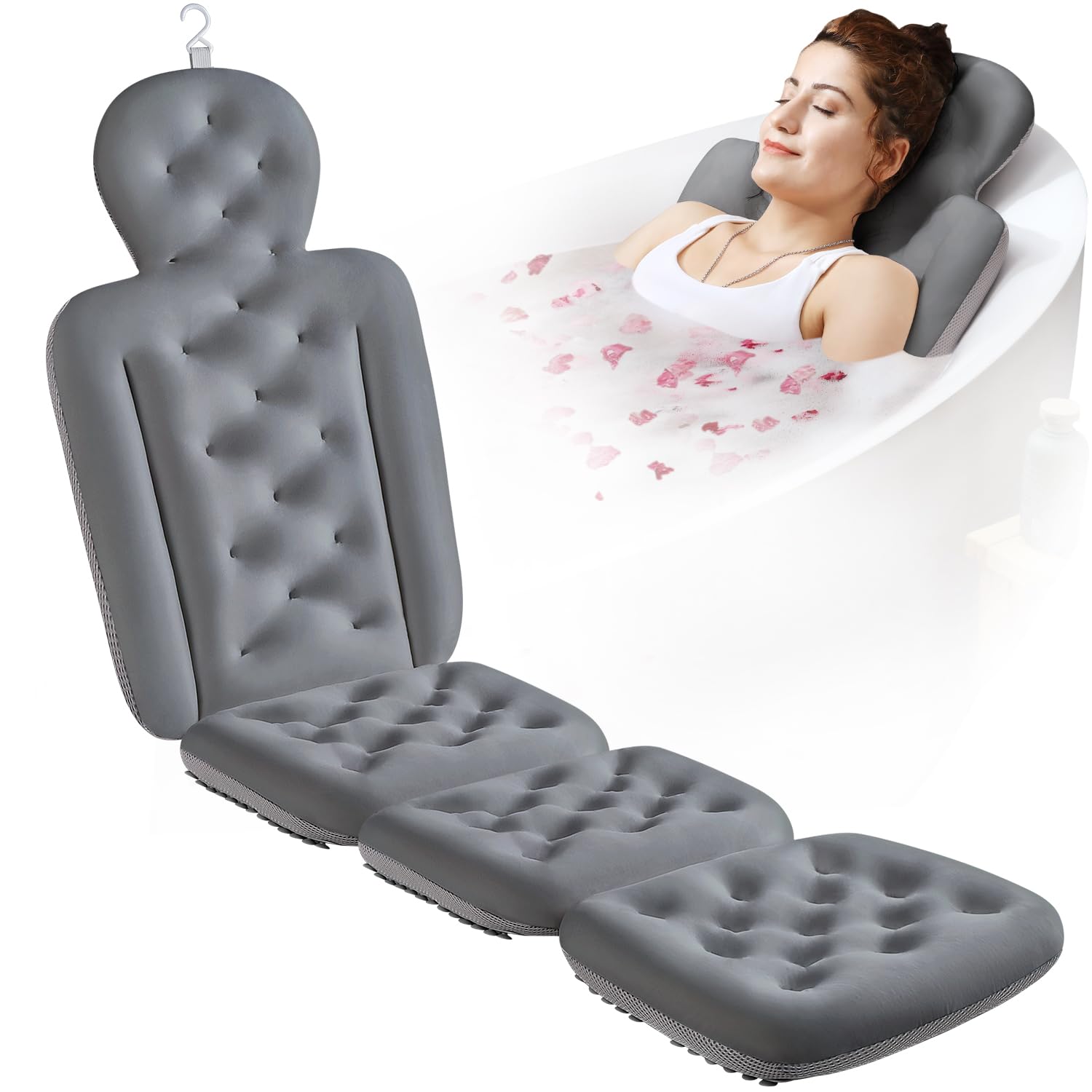 Full Body Bath Pillow for Bathtub, Thick Bathtub Cushion with Laundry Bag, Luxury Tub Pillow for Bath for Headrest Neck and Back Support Gray 60" x 16"