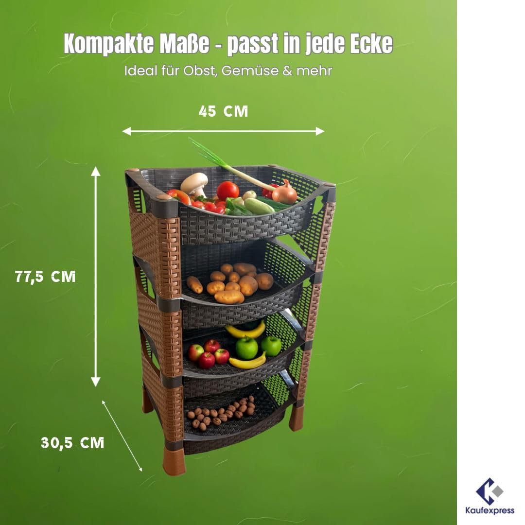 Gemüseregal mit 4 Etagen Regal – Kunststoff in Rattan-Optik – Braun/Schwarz – Stapelbares Küchenregal für Gemüse, Vorräte & mehr