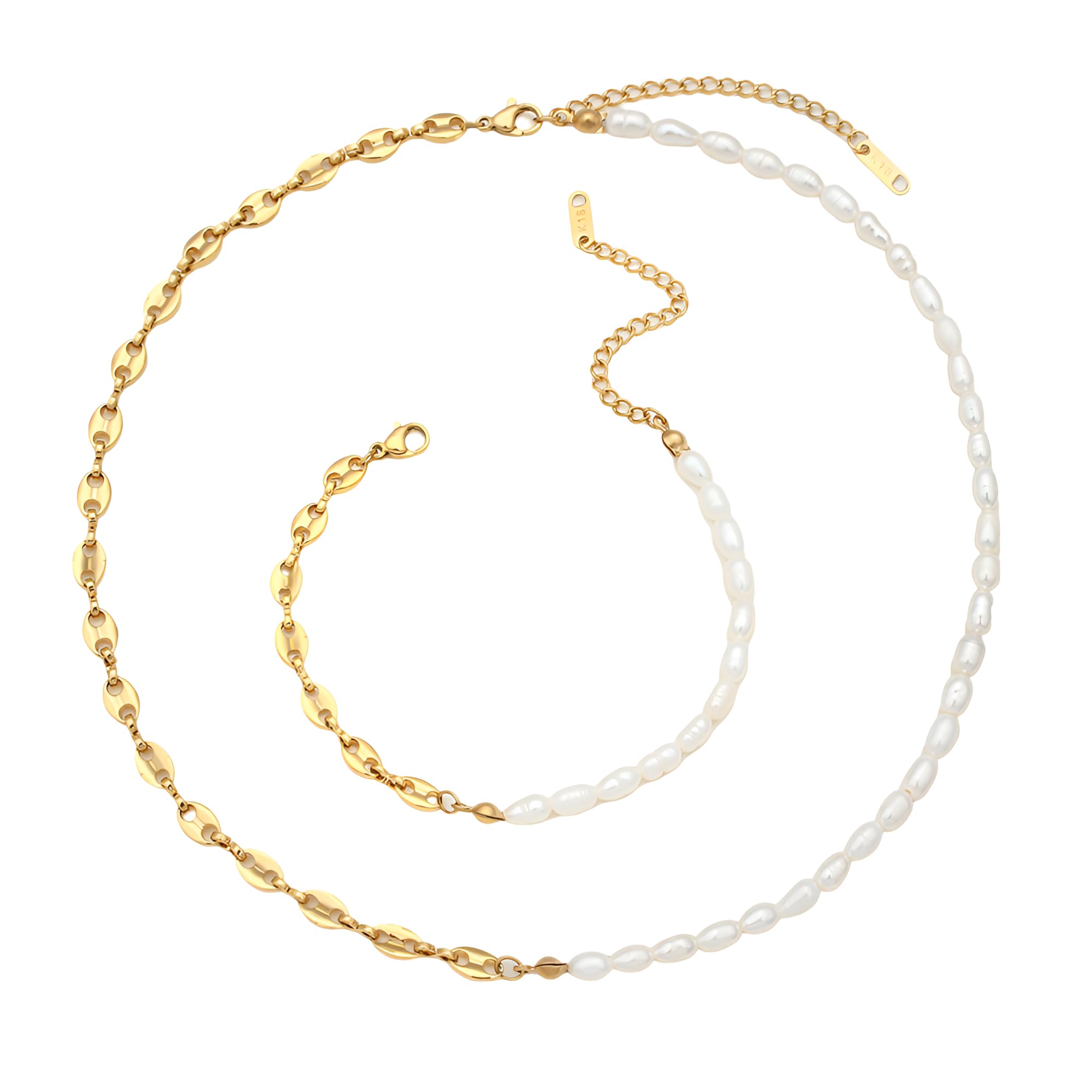YDYDTTKD Collar de Cadena de Media Perla Natural Vintage de Plata de Ley 925 para Mujeres y Hombres, Conjuntos de Pulseras clásicas-Collar de Agua Dulce,