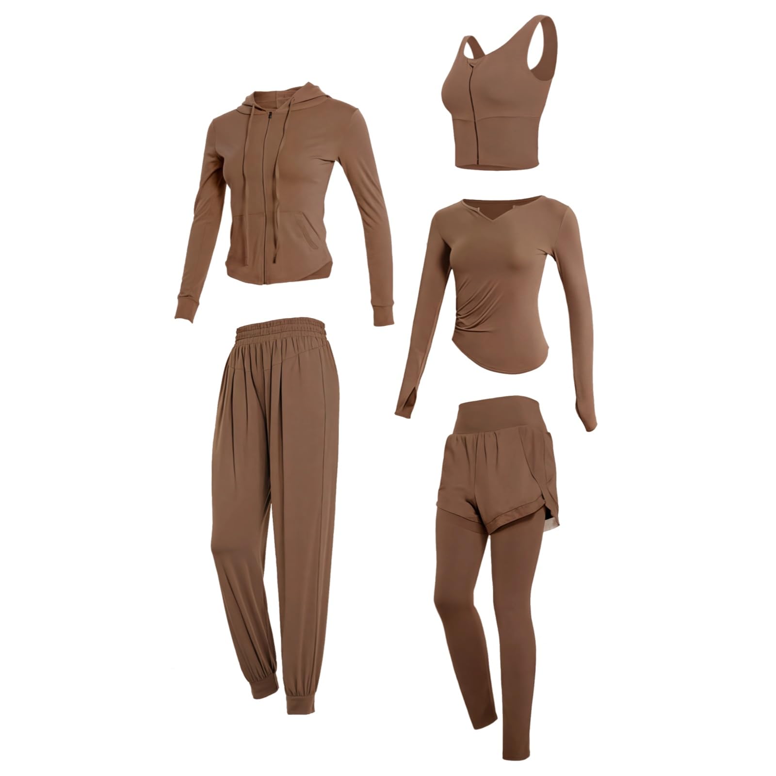 Conjunto de ropa deportiva de 5 piezas para yoga, incluye camisetas de manga larga, tela de poliéster y elastano transpirable, se adapta a mujeres de 5 pies 0 pulgadas a 5 pies 11 pulgadas, soporta