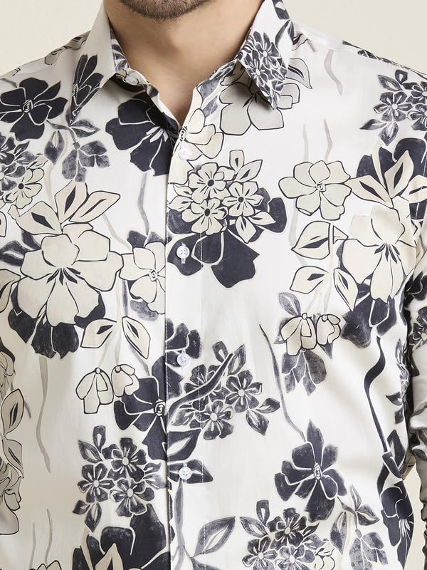 Image of MARK & ALBERT Men's Printed Full Sleeves Regular Fit Shirt Blue | 100% Cotton Stretchable Fabric