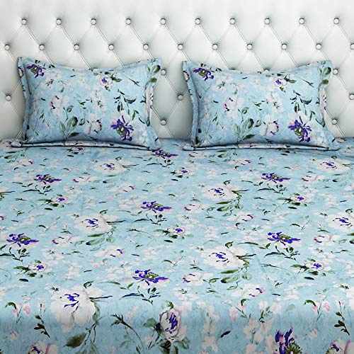 Image of Swayam Roto Cotton King Fitted Bedsheet with 2 Pillow Covers | 144 TC Soft Breathable Bed Sheet | Floral Printed | Size 72 x 78 x 10 inch | Comfortable & Durable for Bedroom - Blue
