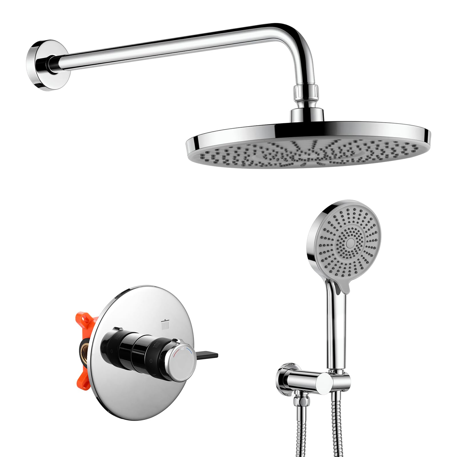 Grifo de ducha empotrado con termostato, sistema de ducha empotrable, 25 cm, redondo, alcachofa de ducha de alta presión, ducha de lluvia para el baño, cuerpo de latón, cromo