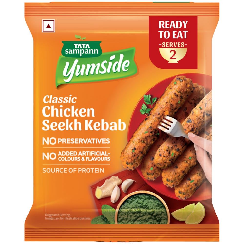 Tata Sampann Yumside Ready to Eat Chicken Seekh Kebab, 180g, Instant Food, Ready in 20 min, Non-Frozen Snack, Protein Rich, NO Preservatives, NO Added Artificial Colours & Flavours, Pack of 1